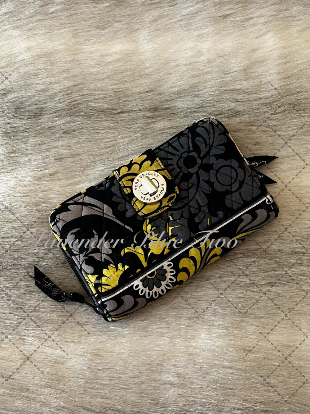 VERA BRADLEY Baroque 2008 Long Turnlock Wallet Black Yellow Y2K - Picture 1 of 14